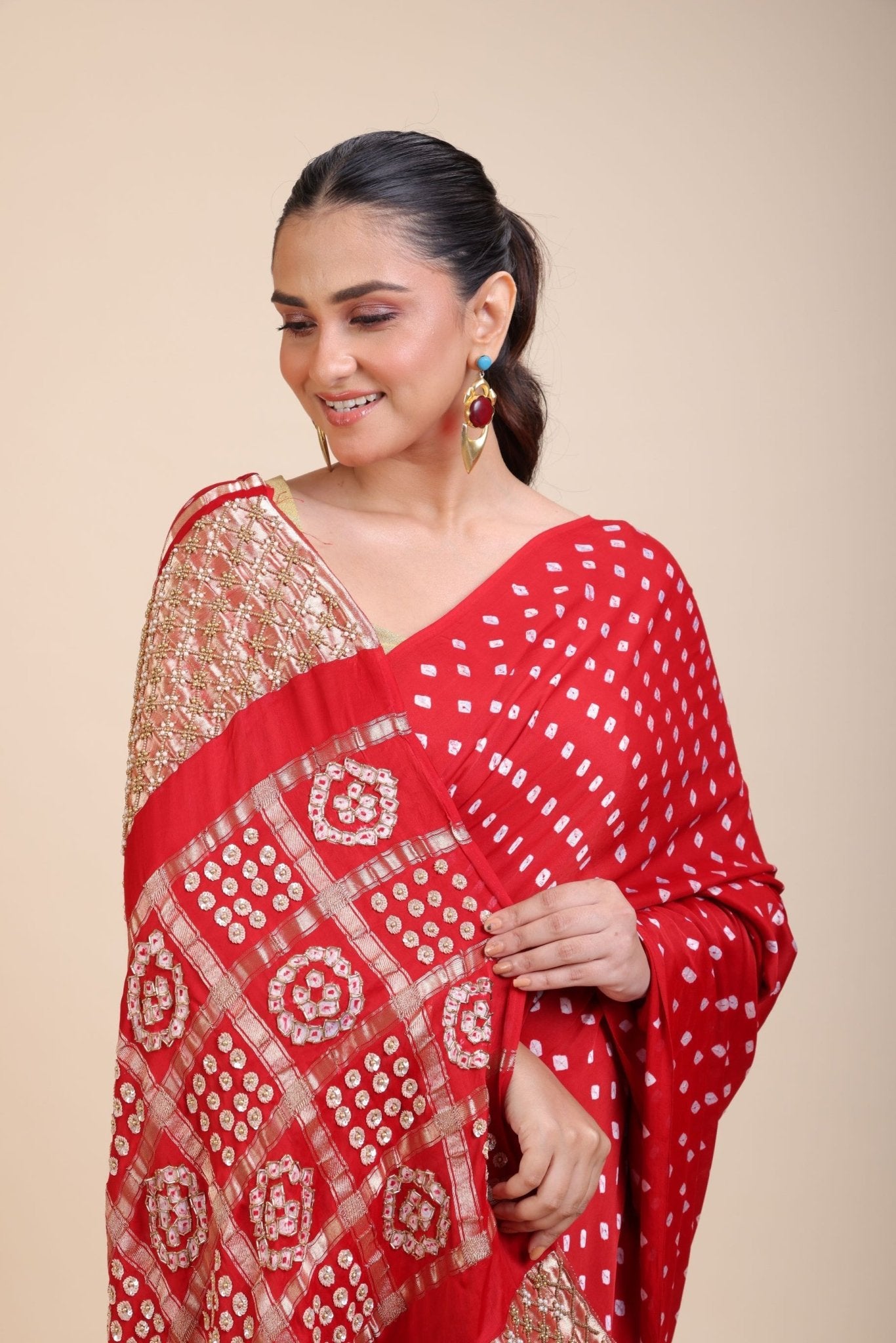 Red Bhadhani Mashru Silk Saree With Hand Embroidered Work - Anvi Couture