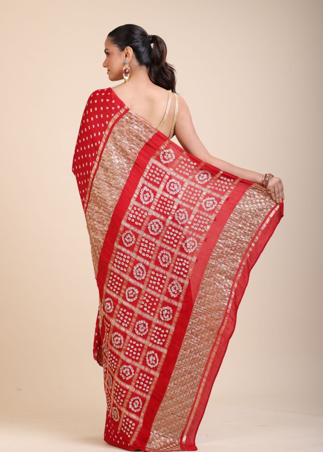 Red Bhadhani Mashru Silk Saree With Hand Embroidered Work - Anvi Couture