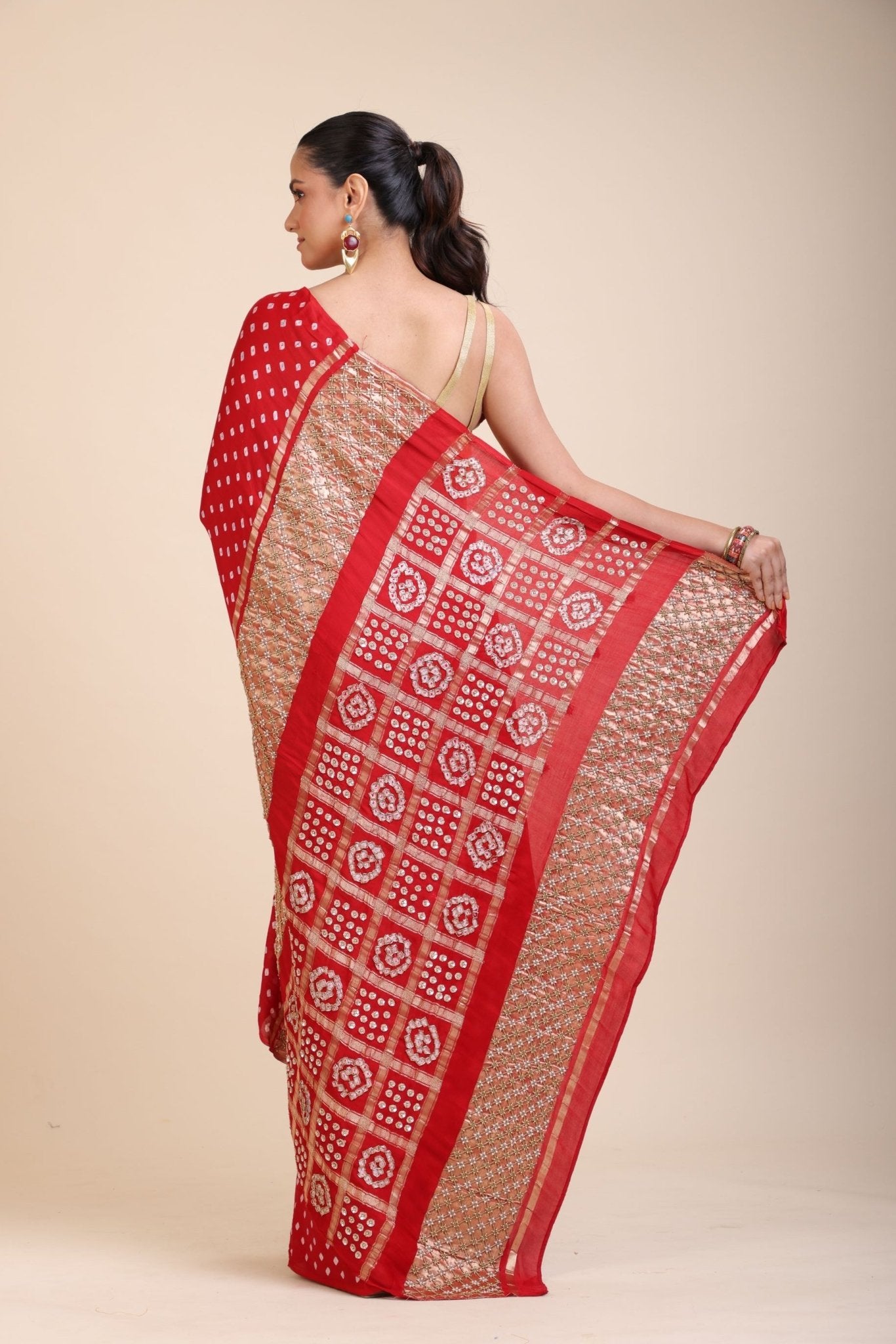 Red Bhadhani Mashru Silk Saree With Hand Embroidered Work - Anvi Couture