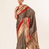 Red, Black Stripe Satin Silk Handwoven Banarasi Silk Saree
