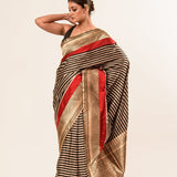 Red, Black Stripe Satin Silk Handwoven Banarasi Silk Saree