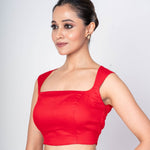 Red Blouse in Cotton Silk with Sleeveless Square Neck and Back Round Closure - Anvi Couture