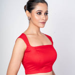 Red Blouse in Cotton Silk with Sleeveless Square Neck and Back Round Closure - Anvi Couture