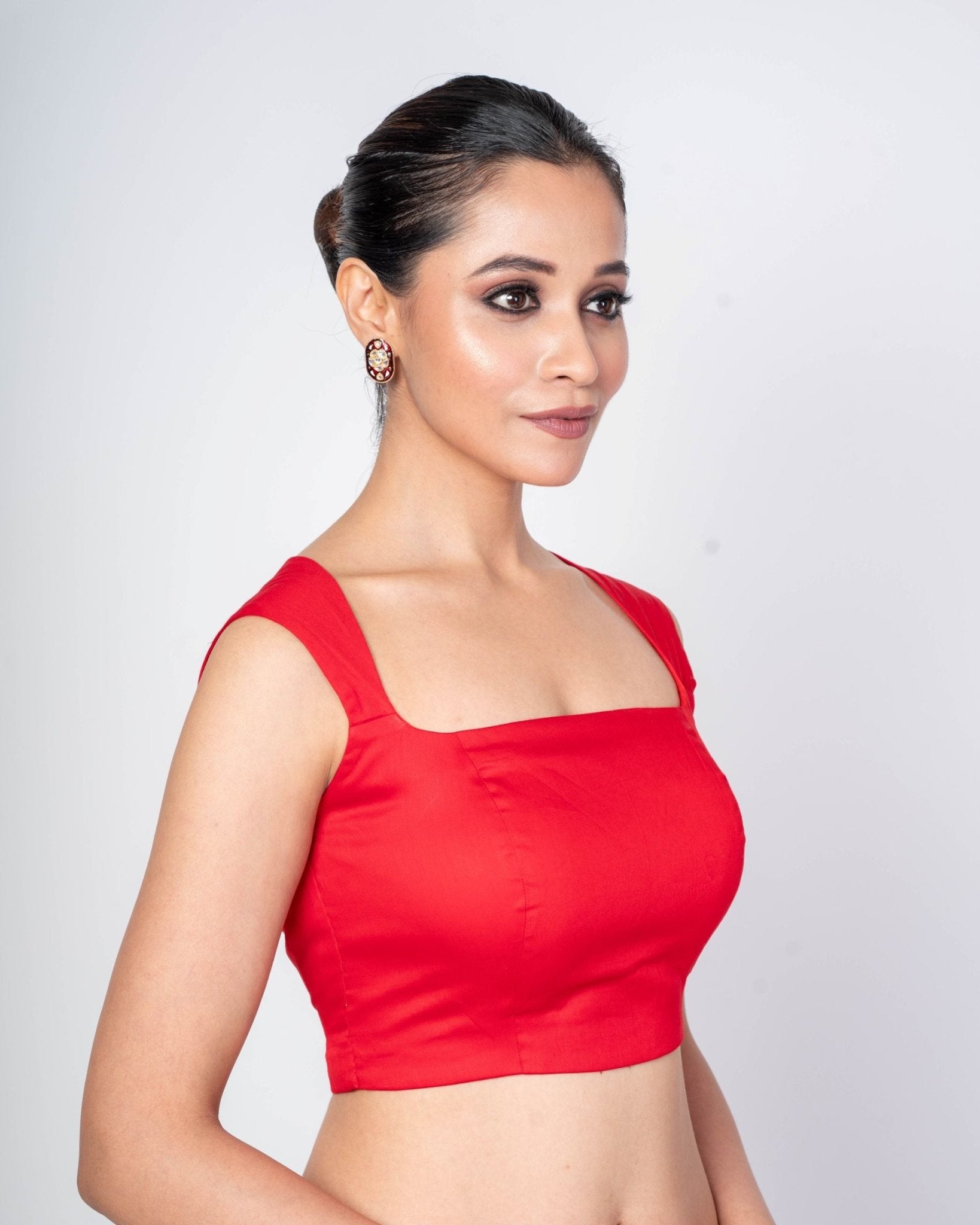 Red Blouse in Cotton Silk with Sleeveless Square Neck and Back Round Closure - Anvi Couture