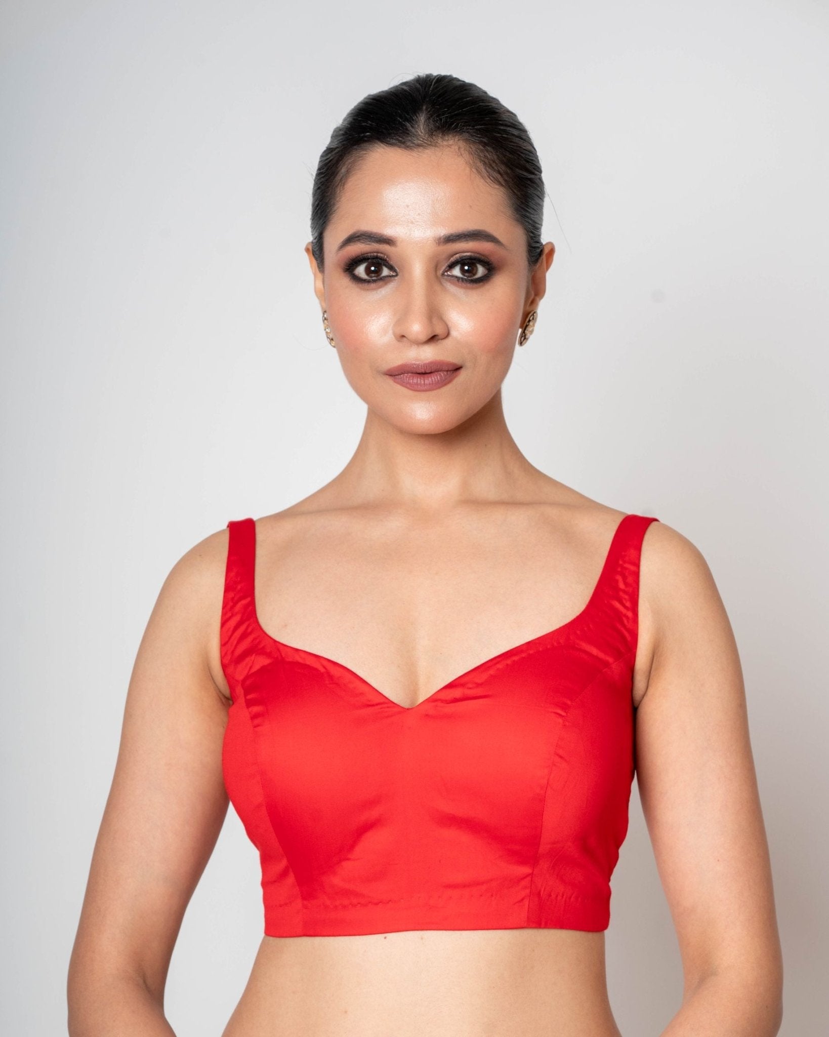 Red Blouse in Cotton Silk with Sweetheart Neckline and Deep V Back - Anvi Couture