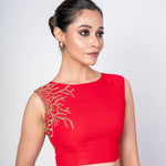 Red Blouse with Hand Embroidery, Sleeveless Zero Neck Design in Georgette - Anvi Couture