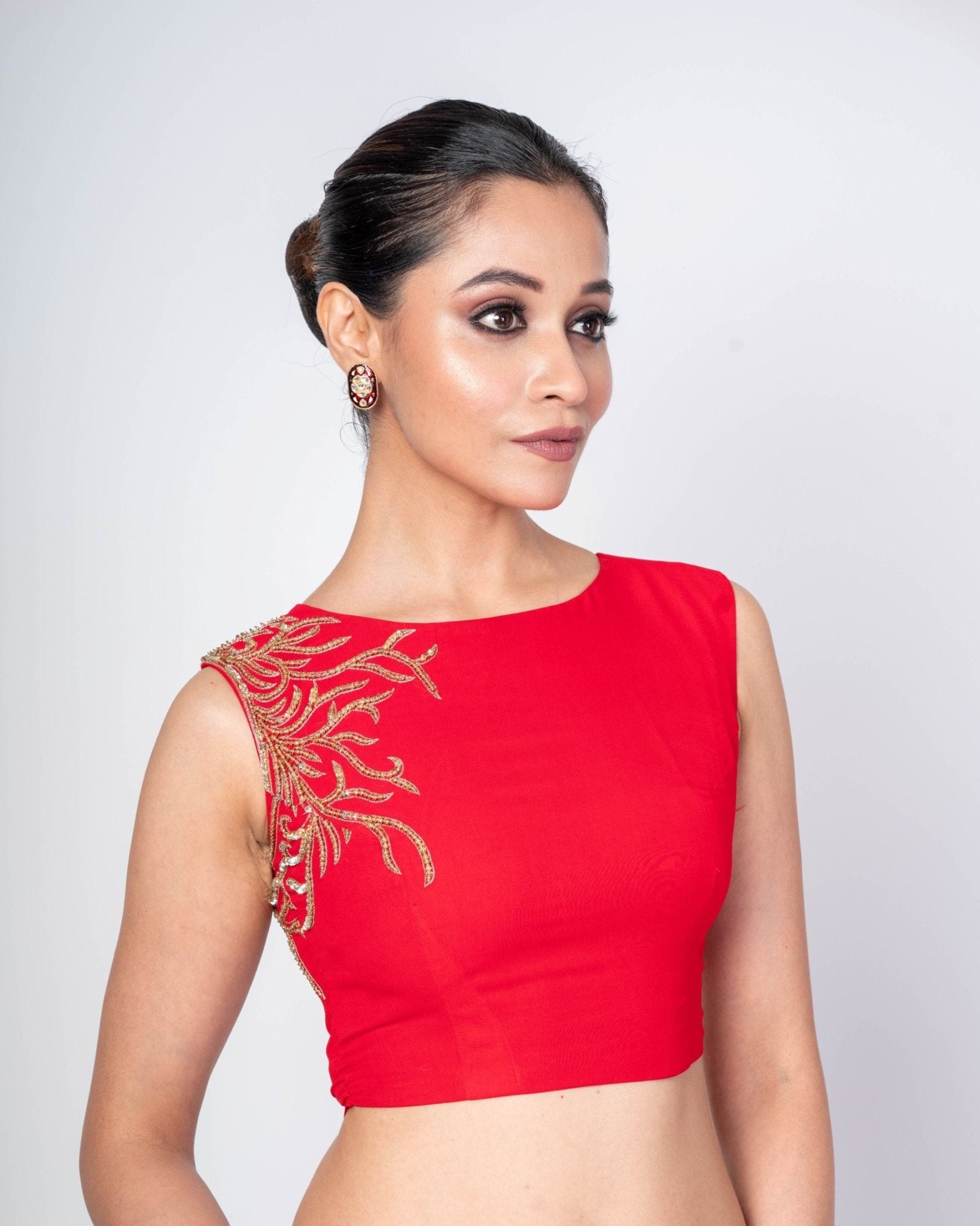 Red Blouse with Hand Embroidery, Sleeveless Zero Neck Design in Georgette - Anvi Couture
