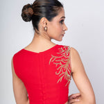 Red Blouse with Hand Embroidery, Sleeveless Zero Neck Design in Georgette - Anvi Couture