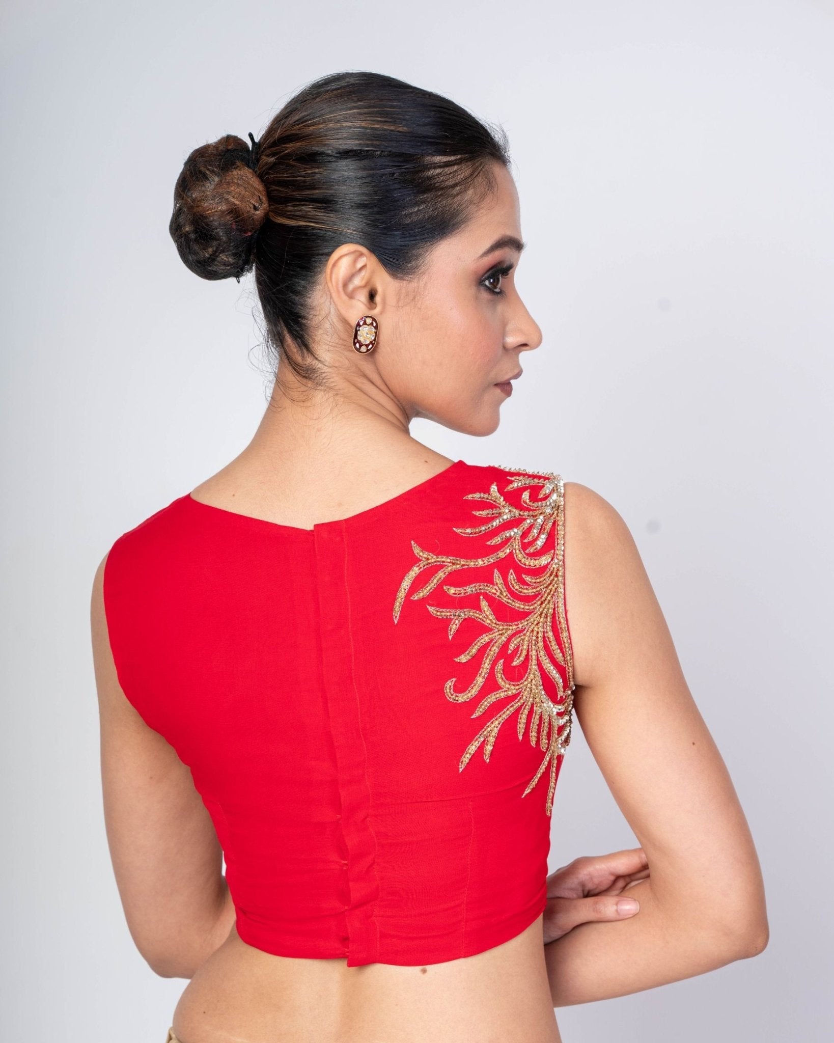 Red Blouse with Hand Embroidery, Sleeveless Zero Neck Design in Georgette - Anvi Couture