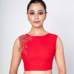 Red Blouse with Hand Embroidery, Sleeveless Zero Neck Design in Georgette - Anvi Couture