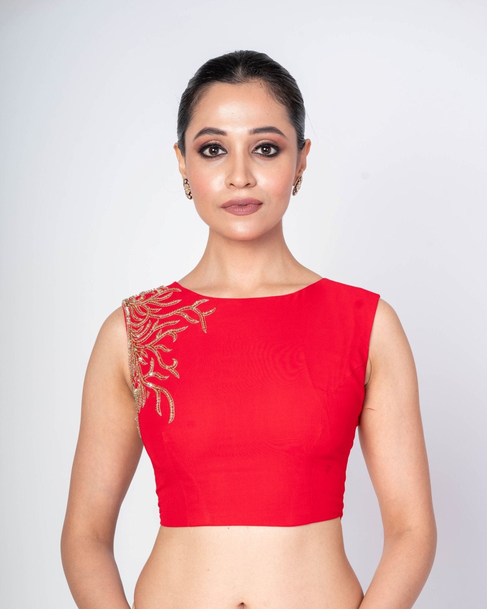Red Blouse with Hand Embroidery, Sleeveless Zero Neck Design in Georgette - Anvi Couture