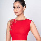 Red Blouse with Hand Embroidery, Sleeveless Zero Neck Design in Georgette - Anvi Couture