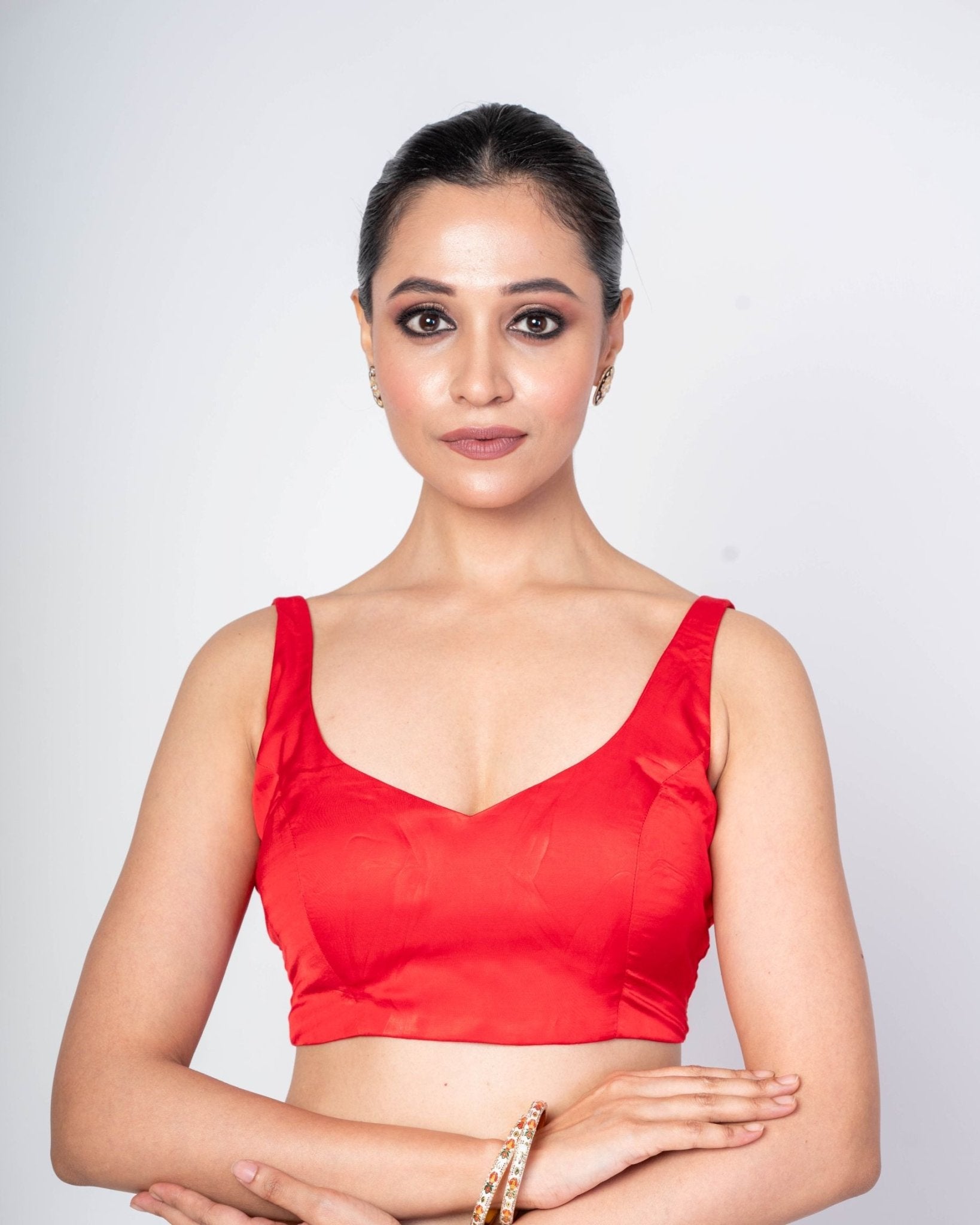 Red Blouse with Sleeveless Sweetheart Neck and Back Wide U Closure - Anvi Couture