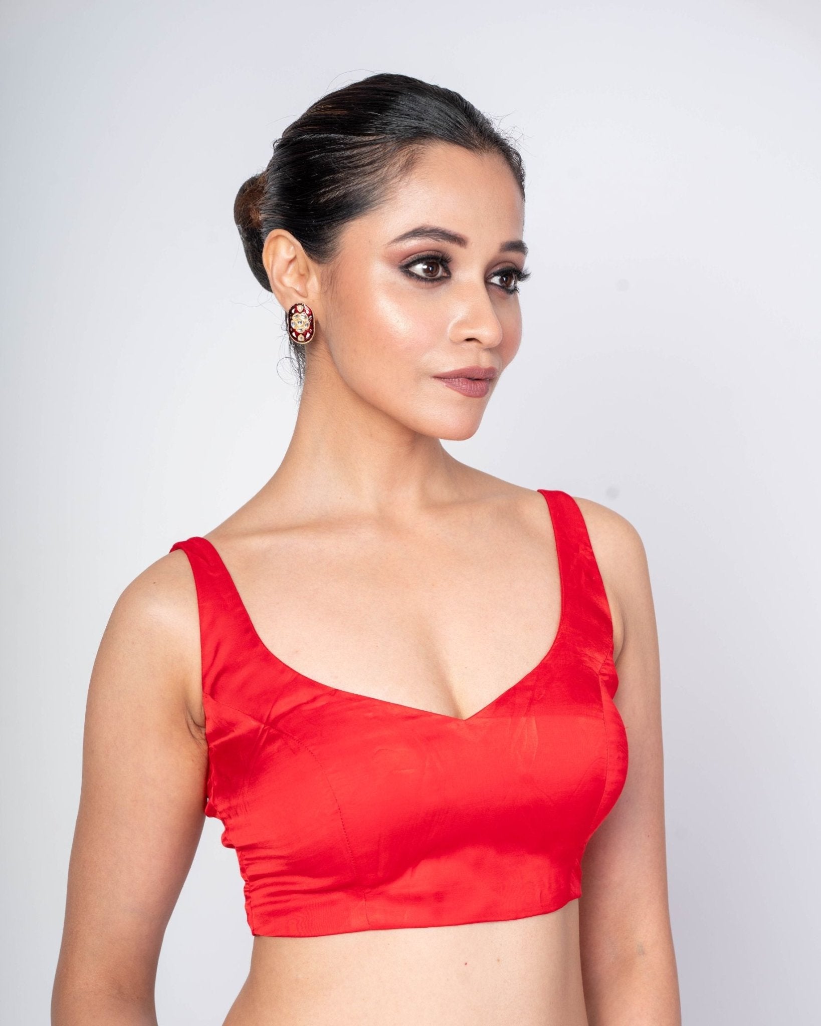 Red Blouse with Sleeveless Sweetheart Neck and Back Wide U Closure - Anvi Couture