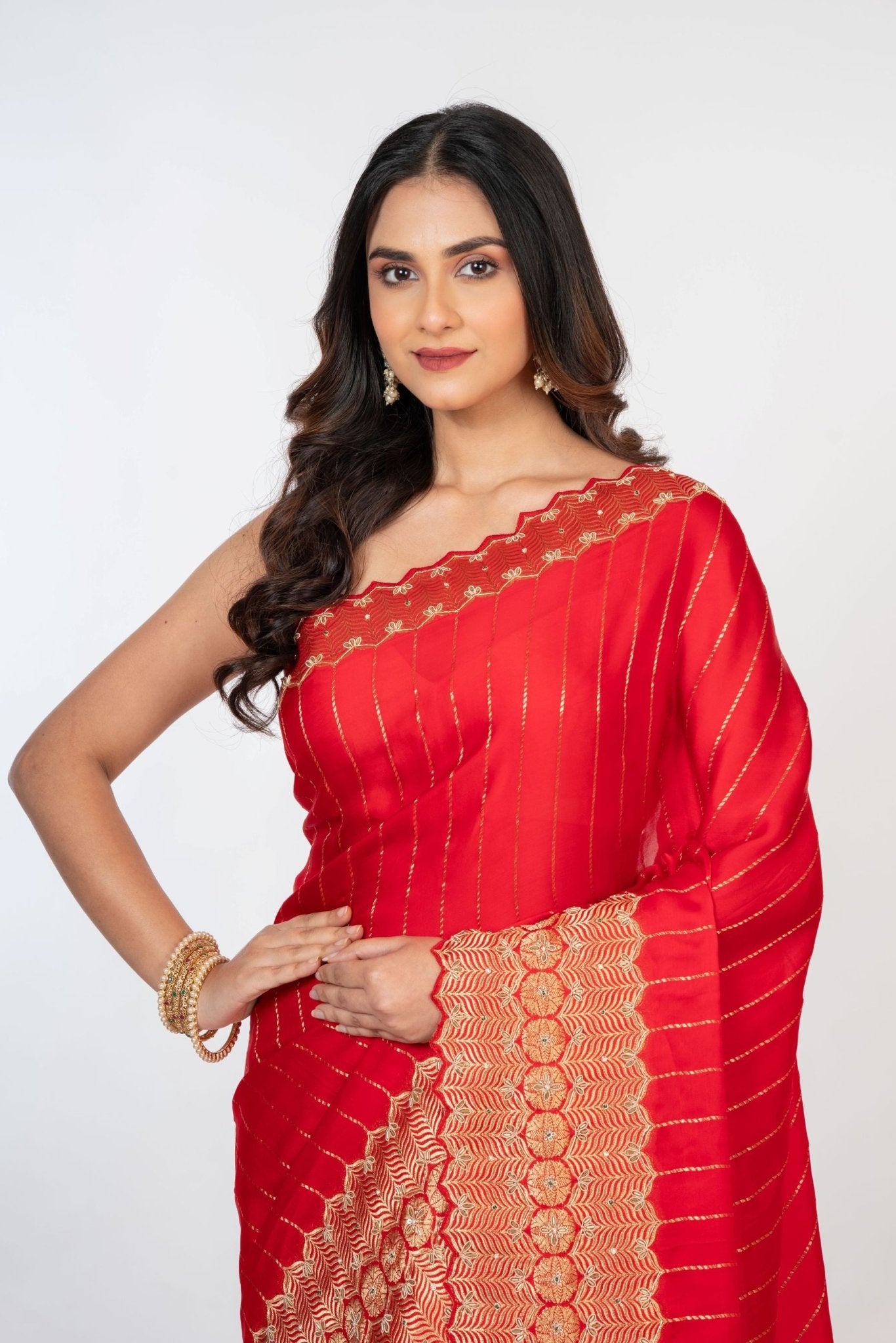 Red Bridal Banarasi Saree with All Over Zardosi Work - Anvi Couture