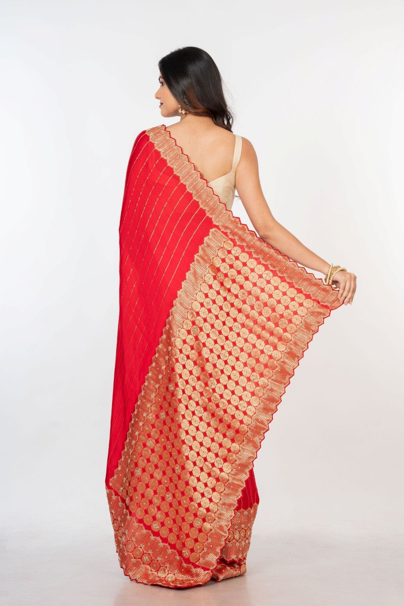 Red Bridal Banarasi Saree with All Over Zardosi Work - Anvi Couture