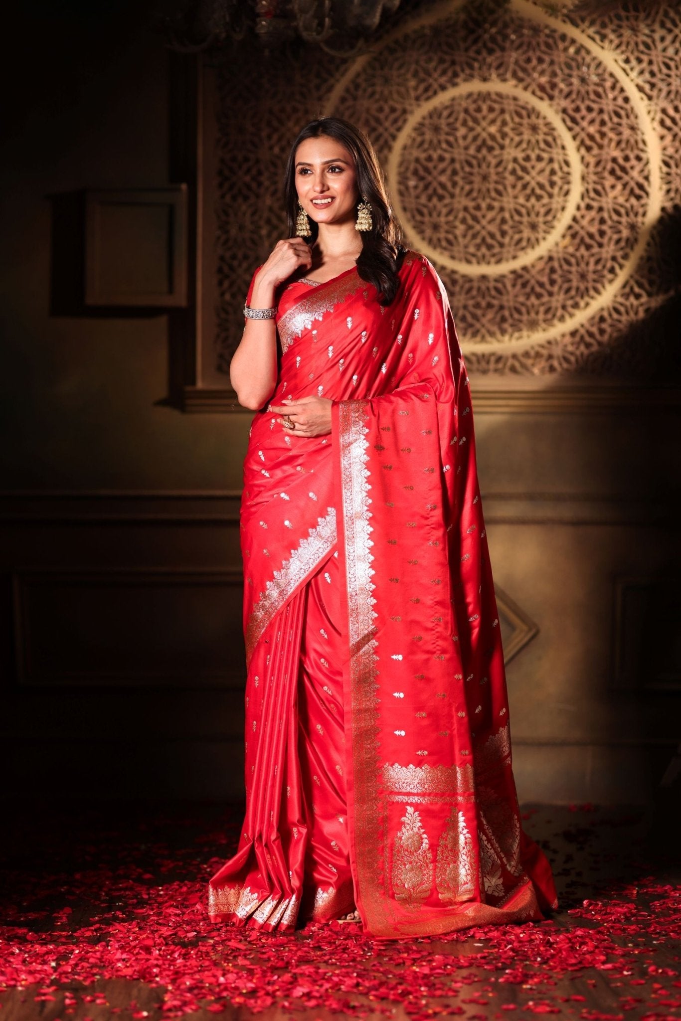 Red Bridal Banarasi Silk Saree With all over Gold Bootis - Anvi Couture