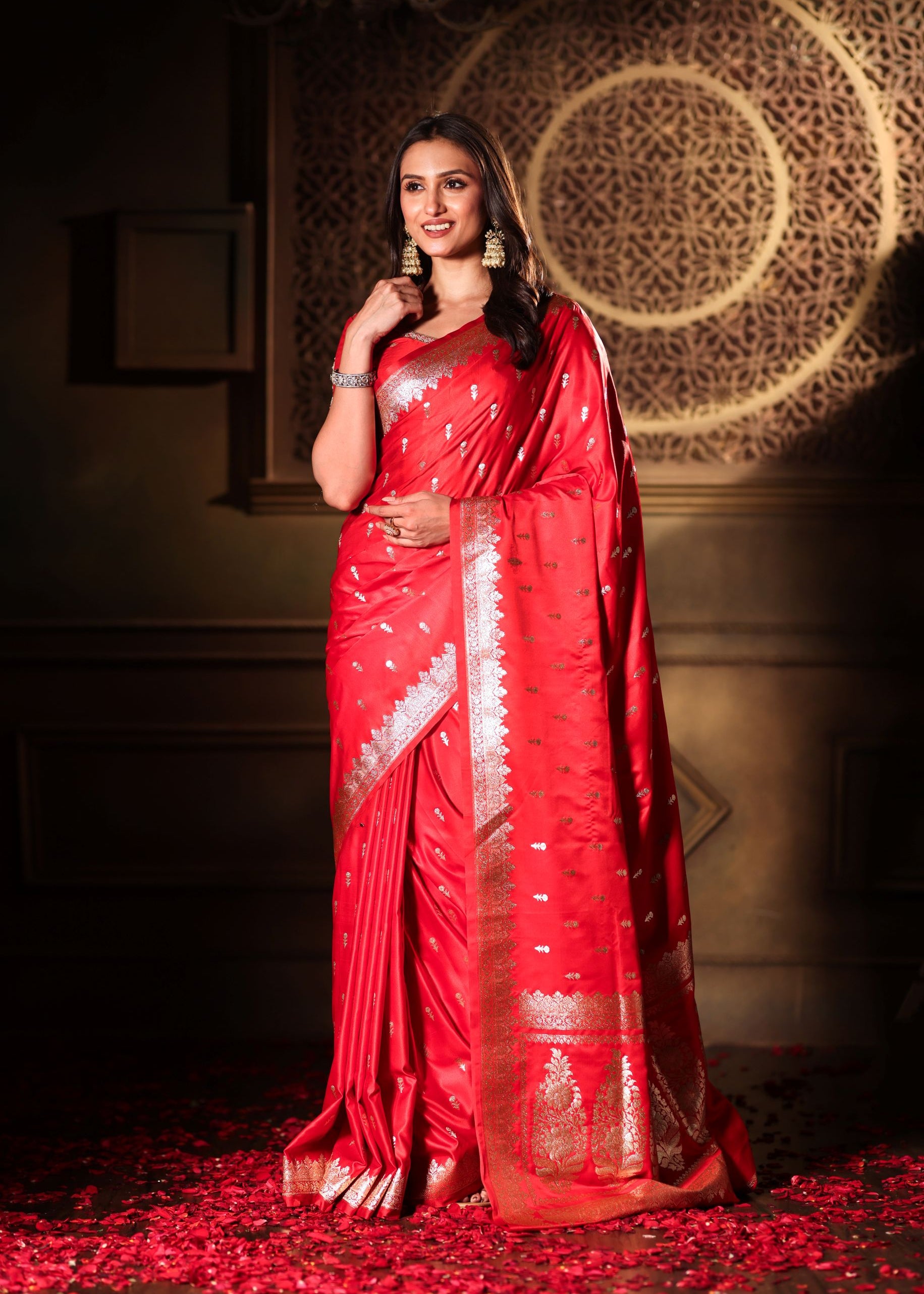 Red Bridal Banarasi Silk Saree With all over Gold Bootis Full

