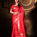 Red Bridal Banarasi Silk Saree With all over Gold Bootis Front

