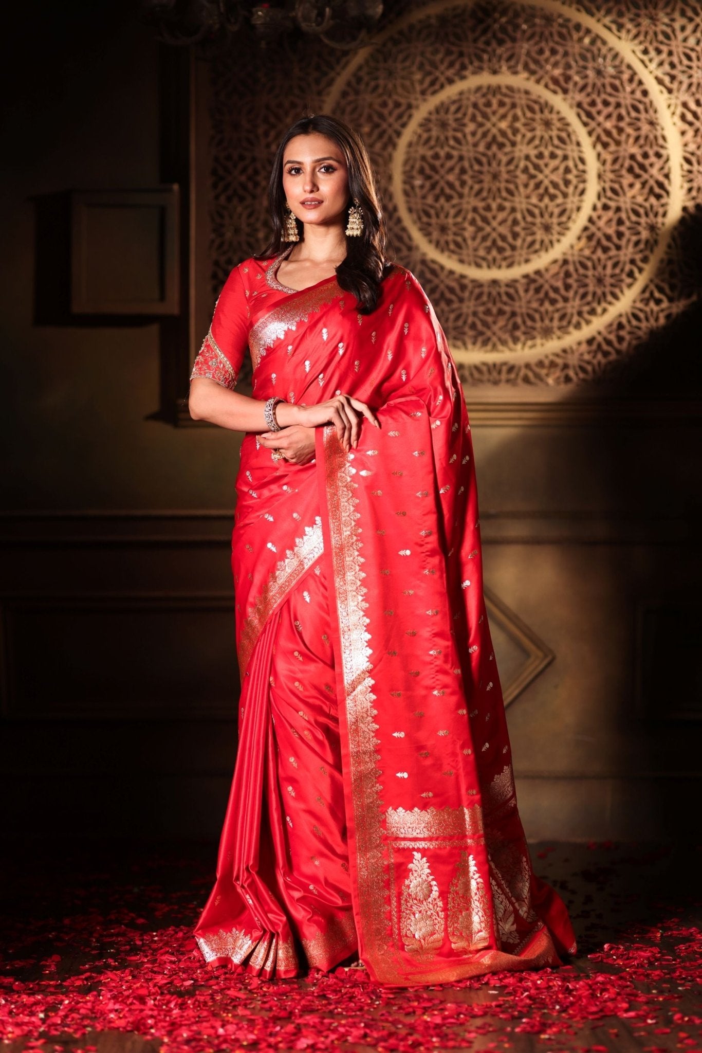 Red Bridal Banarasi Silk Saree With all over Gold Bootis - Anvi Couture