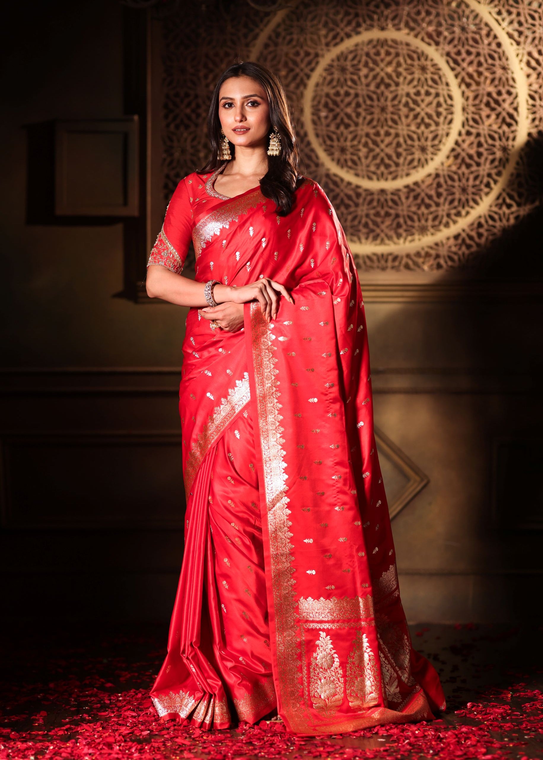 Red Bridal Banarasi Silk Saree With all over Gold Bootis Front

