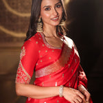Red Bridal Banarasi Silk Saree With all over Gold Bootis Close Up


