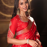 Red Bridal Banarasi Silk Saree With all over Gold Bootis Close Up

