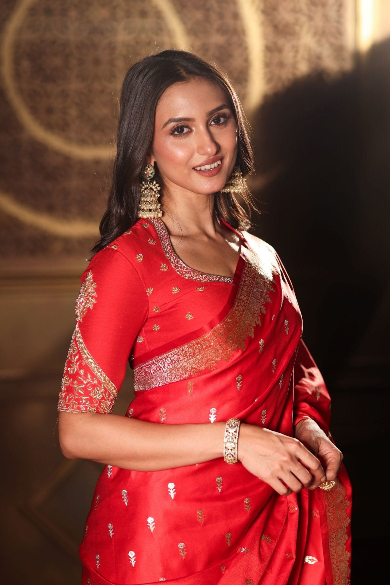 Red Bridal Banarasi Silk Saree With all over Gold Bootis - Anvi Couture