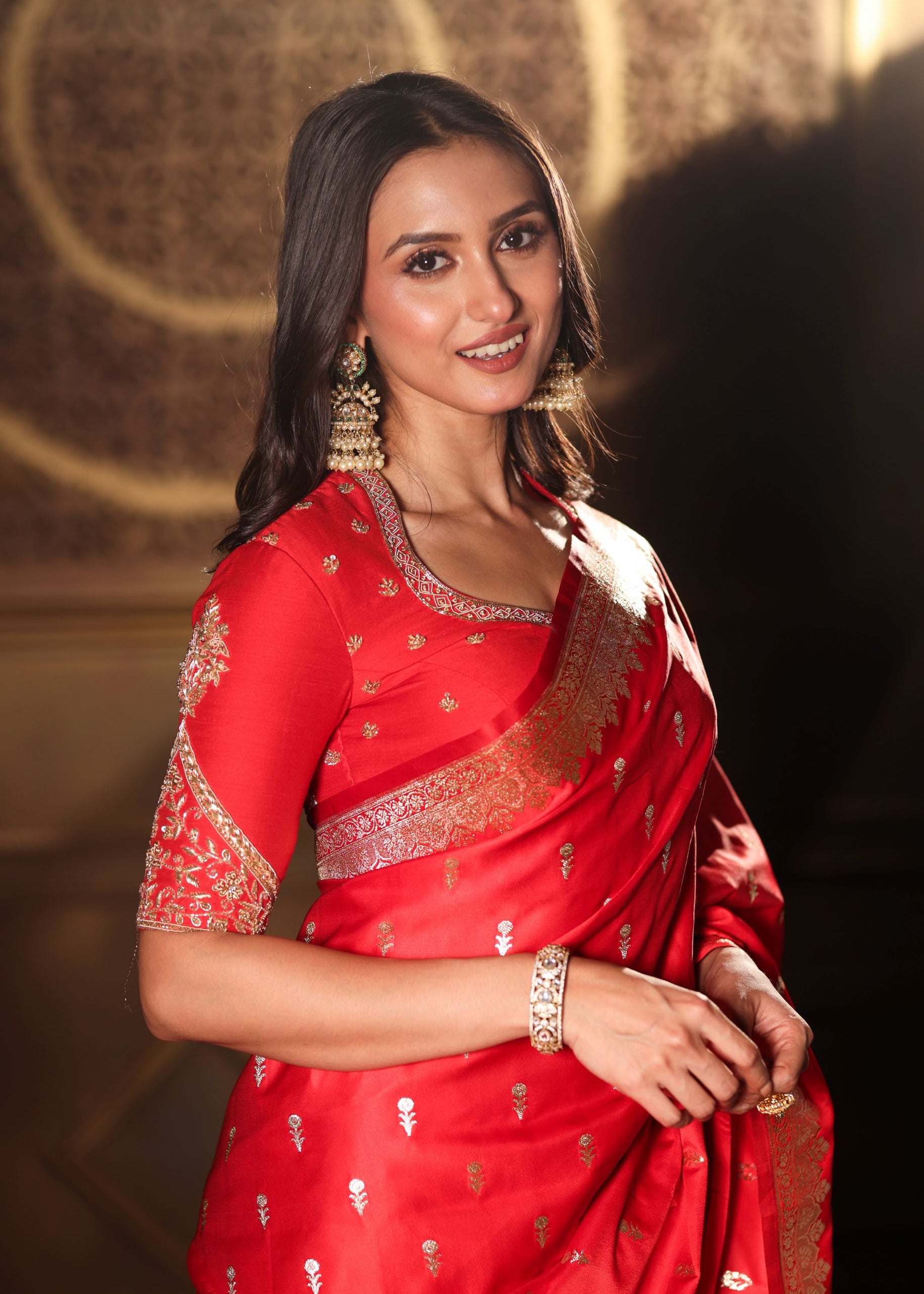 Red Bridal Banarasi Silk Saree With all over Gold Bootis Close Up

