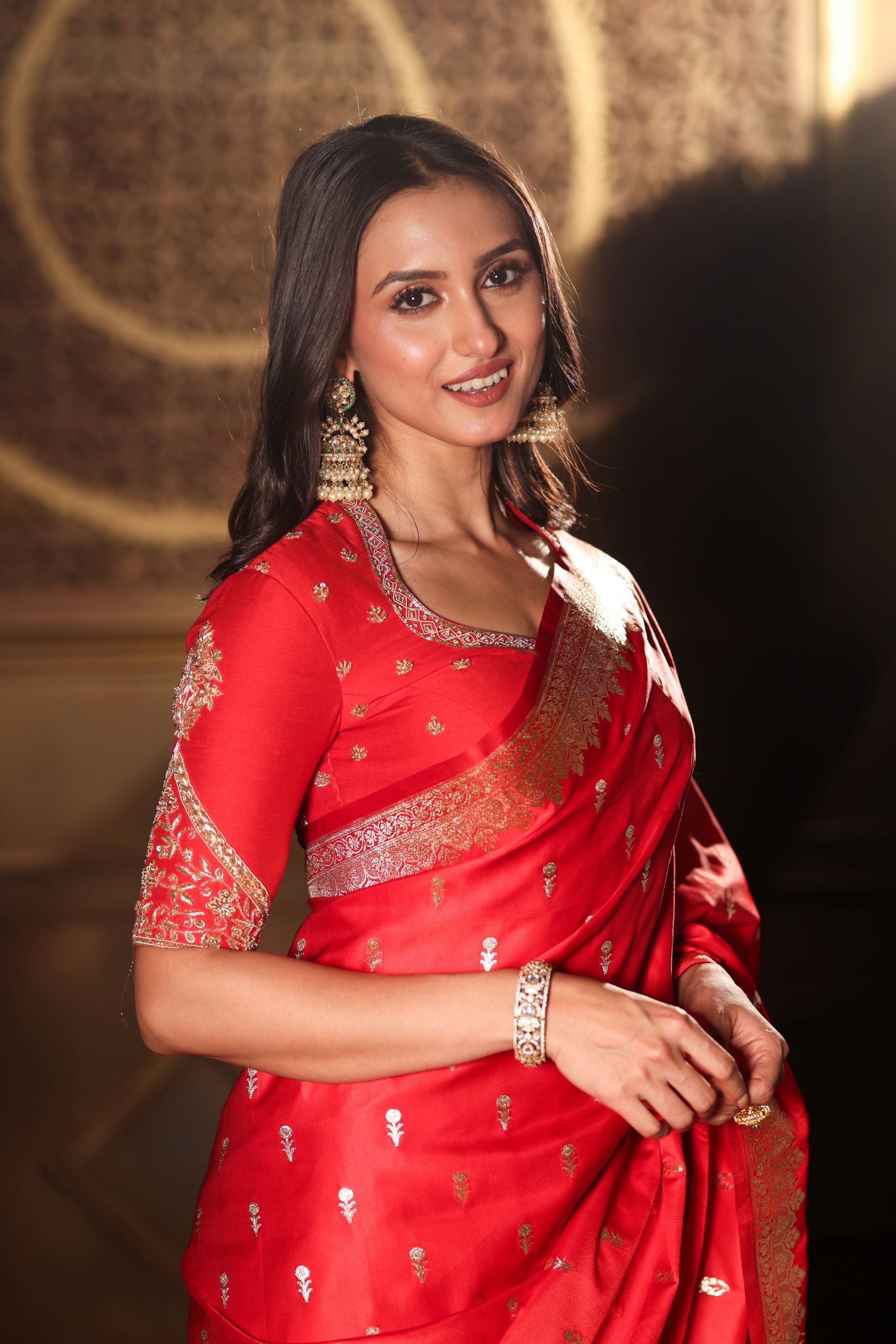 Red Bridal Banarasi Silk Saree With all over Gold Bootis Close Up


