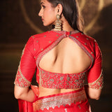 Red Bridal Banarasi Silk Saree With all over Gold Bootis Back

