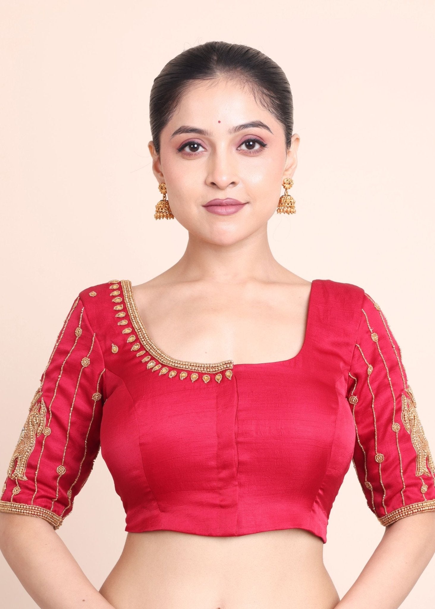 Red Bridal Blouse With Aari Embroidered Work - Anvi Couture