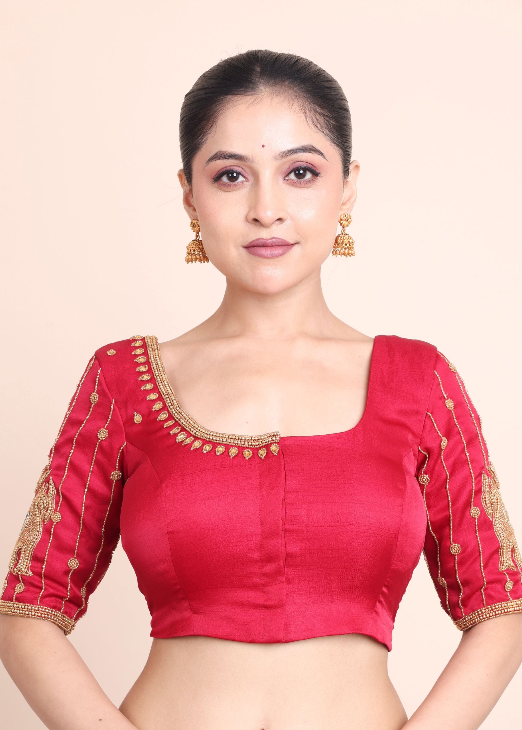 Red Bridal Blouse With Aari Embroidered Work Front