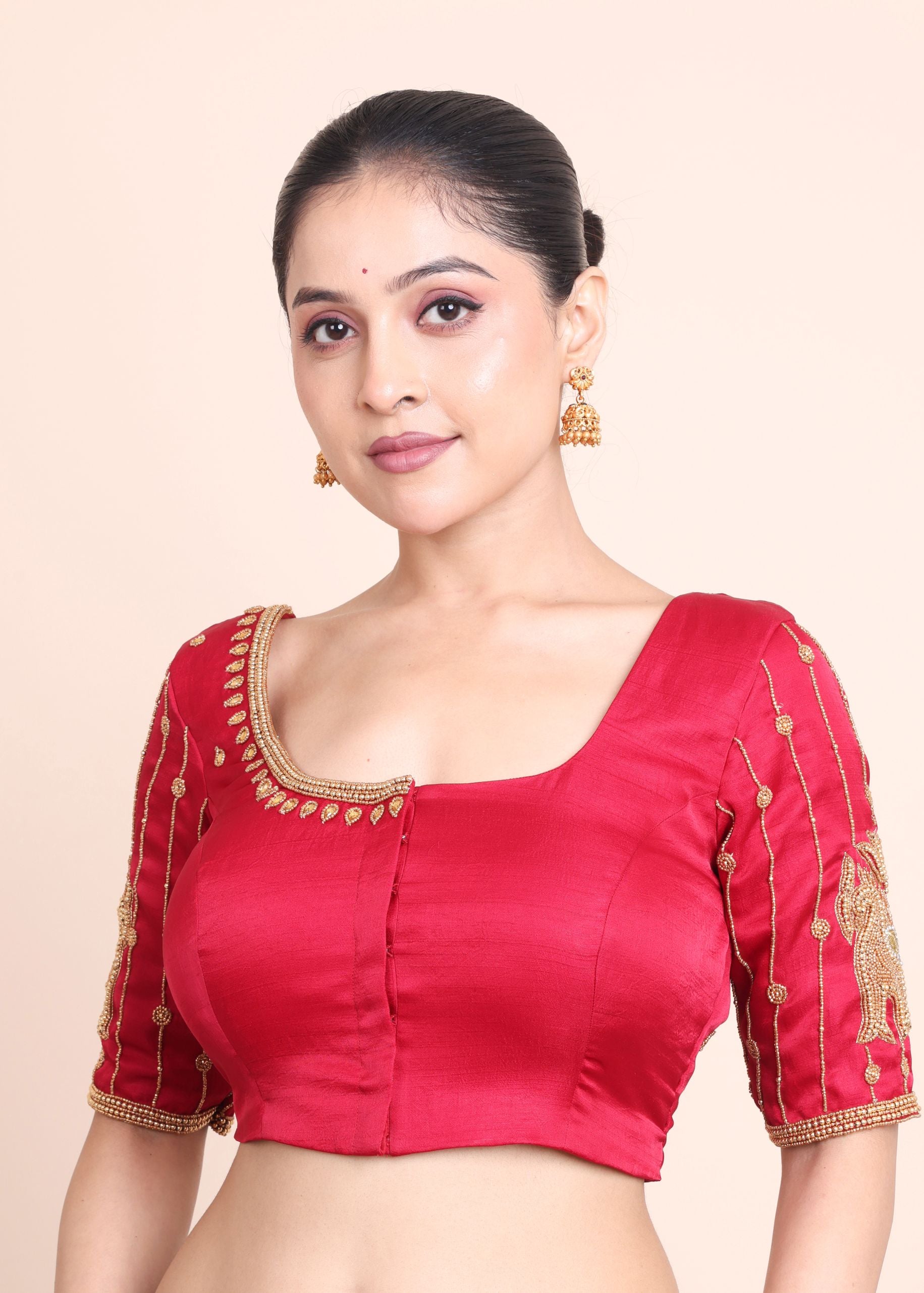 Red Bridal Blouse With Aari Embroidered Work Side
