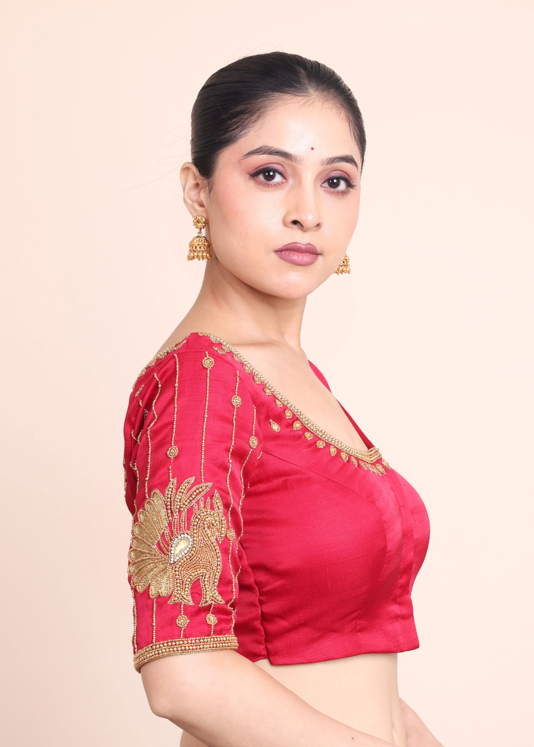 Red Bridal Blouse With Aari Embroidered Work Right side