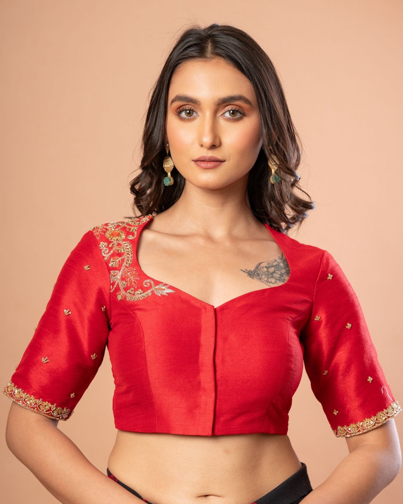 Red Bridal Blouse with Hand Embroidered Work - Anvi Couture