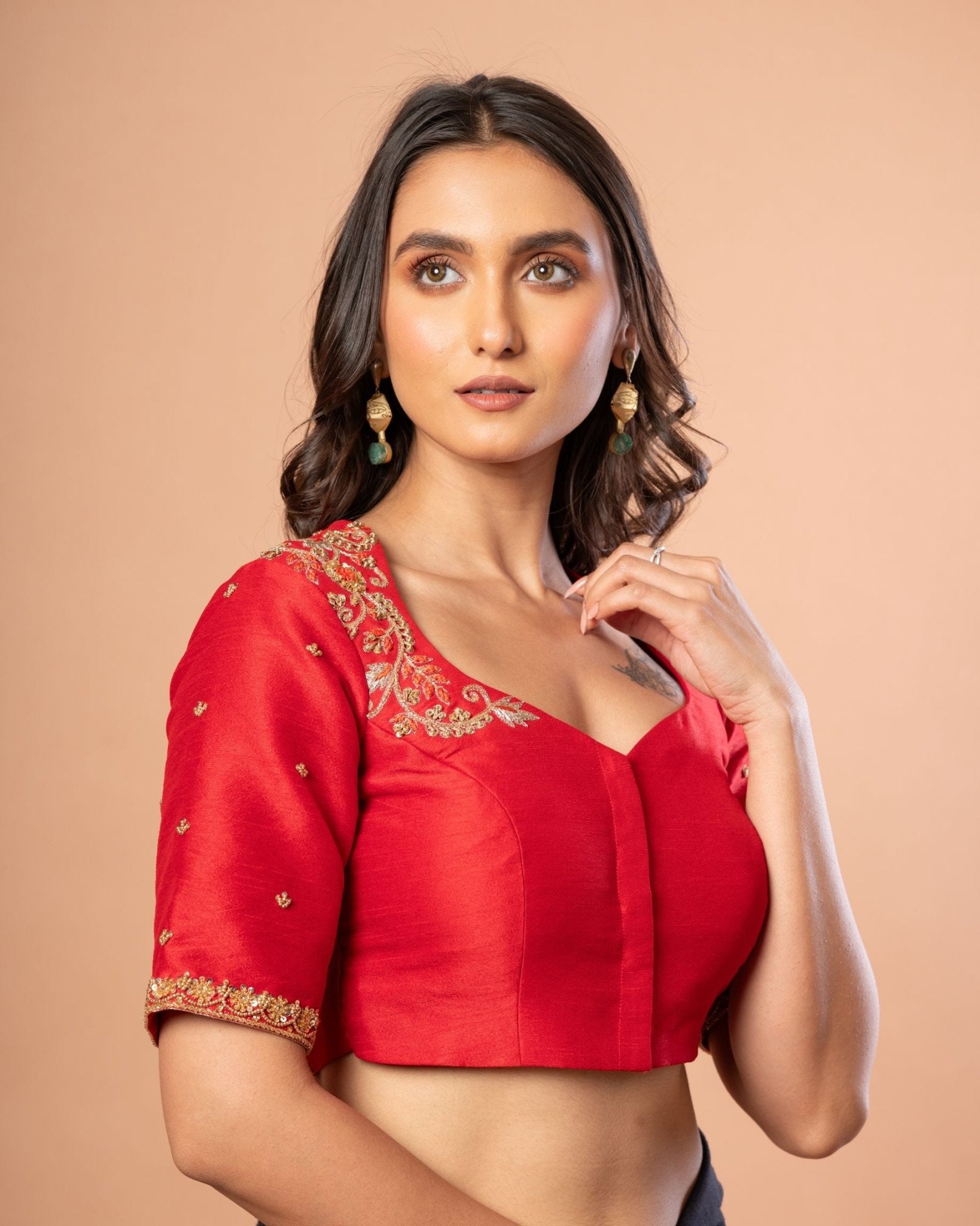Red Bridal Blouse with Hand Embroidered Work - Anvi Couture