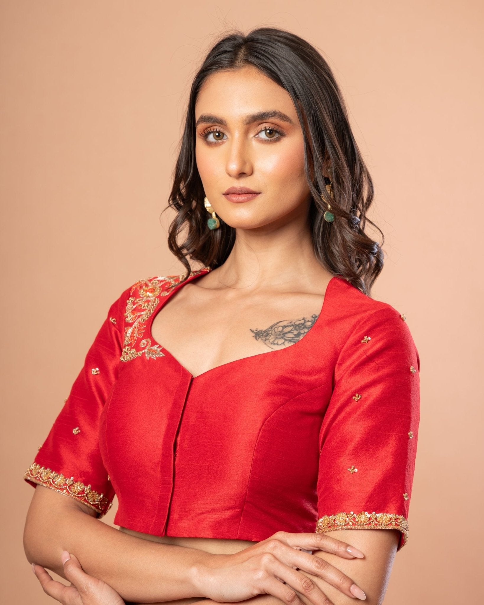 Red Bridal Blouse with Hand Embroidered Work - Anvi Couture