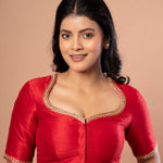 Red Bridal Hand Embroidered Blouse in Raw Silk - Anvi Couture