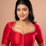 Red Bridal Hand Embroidered Blouse in Raw Silk - Anvi Couture