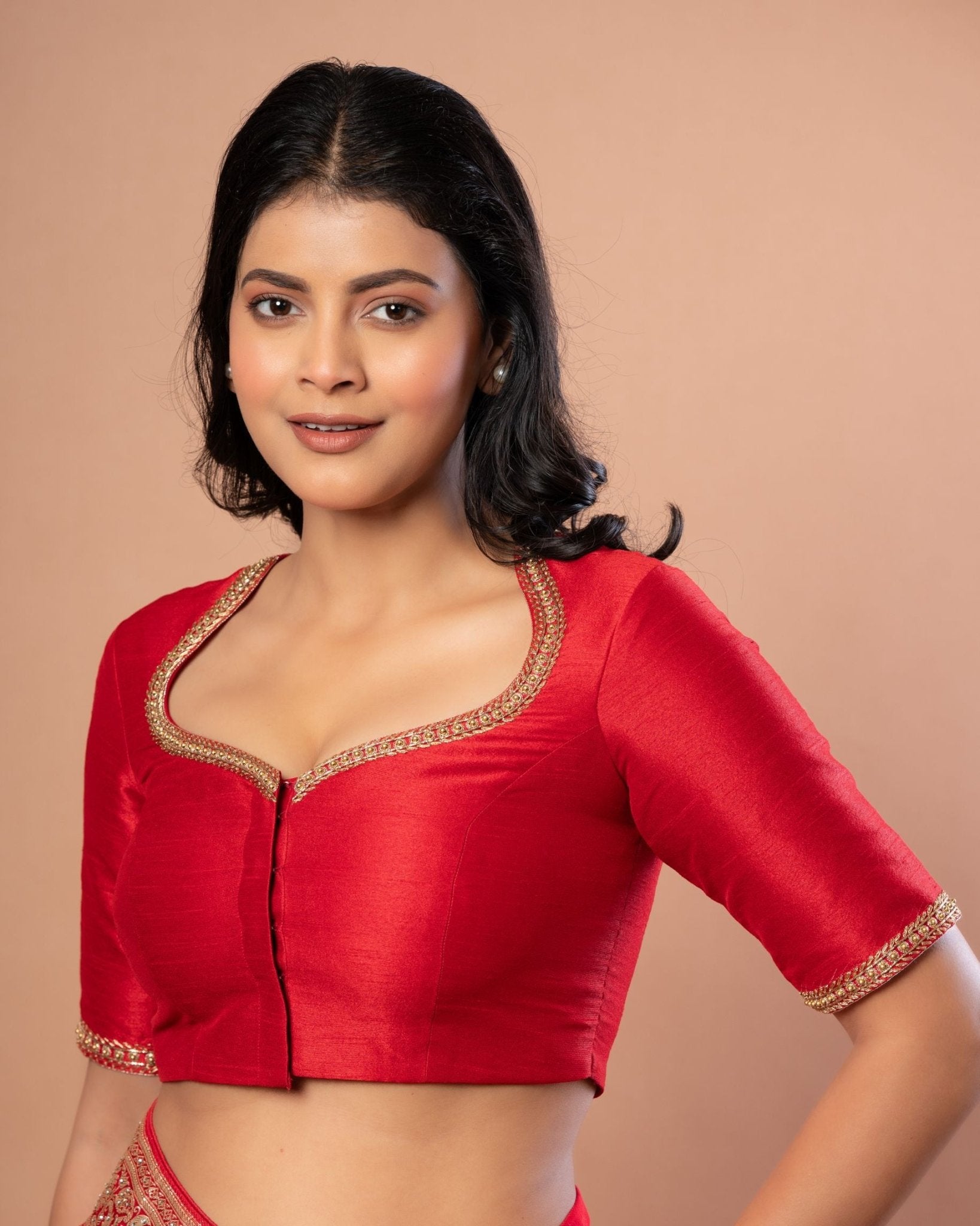 Red Bridal Hand Embroidered Blouse in Raw Silk - Anvi Couture