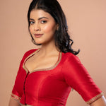 Red Bridal Hand Embroidered Blouse in Raw Silk - Anvi Couture