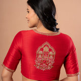 Red Bridal Hand Embroidered Blouse in Raw Silk - Anvi Couture