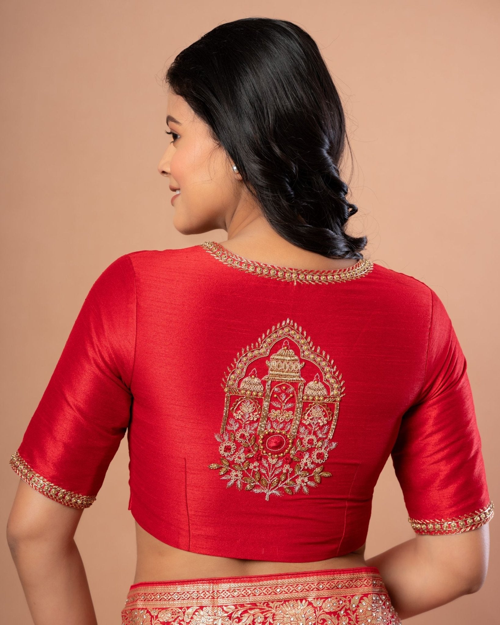 Red Bridal Hand Embroidered Blouse in Raw Silk - Anvi Couture