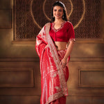 Red Brocade Banarasi Silk Sarees with Hand Embroidered Work - Front 1