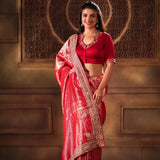 Red Brocade Banarasi Silk Sarees with Hand Embroidered Work - Front 1
