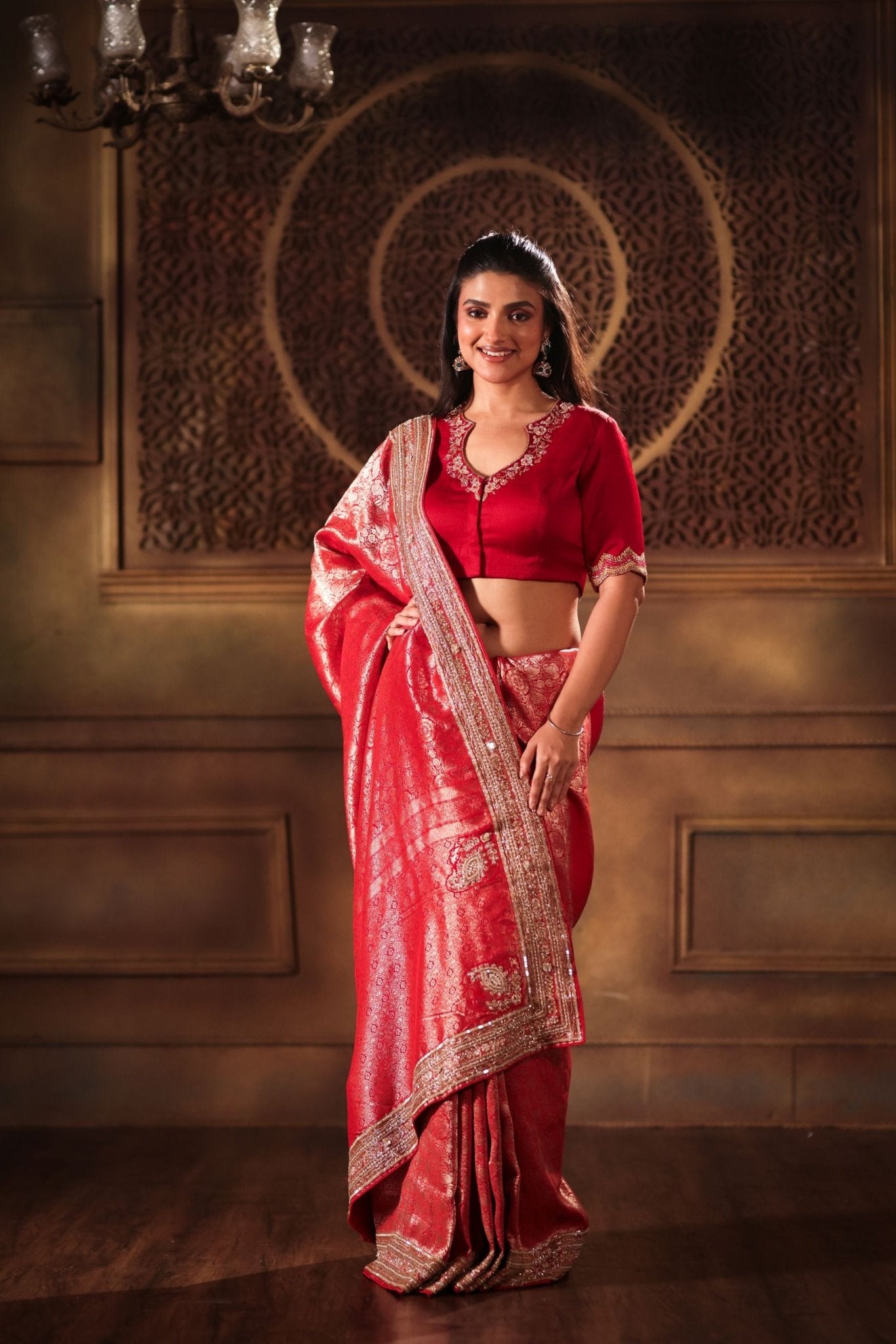 Red Brocade Banarasi Silk Sarees with Hand Embroidered Work - Front 1