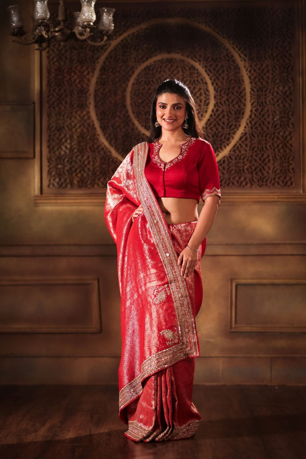 Red Brocade Banarasi Silk Sarees with Hand Embroidered Work - Front 1