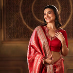 Red Brocade Banarasi Silk Sarees with Hand Embroidered Work - Close