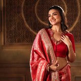 Red Brocade Banarasi Silk Sarees with Hand Embroidered Work - Close